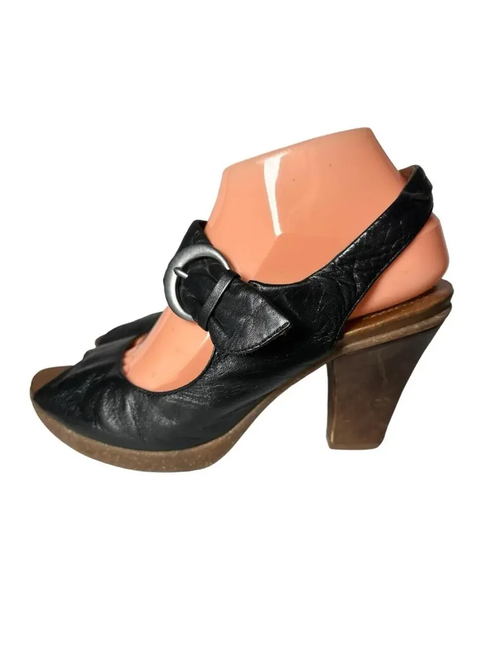 Naya Arvada Black Leather Slingback Peep-Toe Heels Sandals Size 8 M